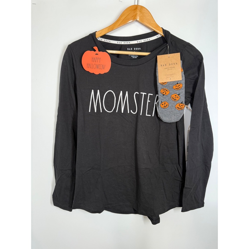 NWT Rae Dunn 'Momster' Halloween Size S Long Sleeve Black Shirt w/ Pumpkin Socks